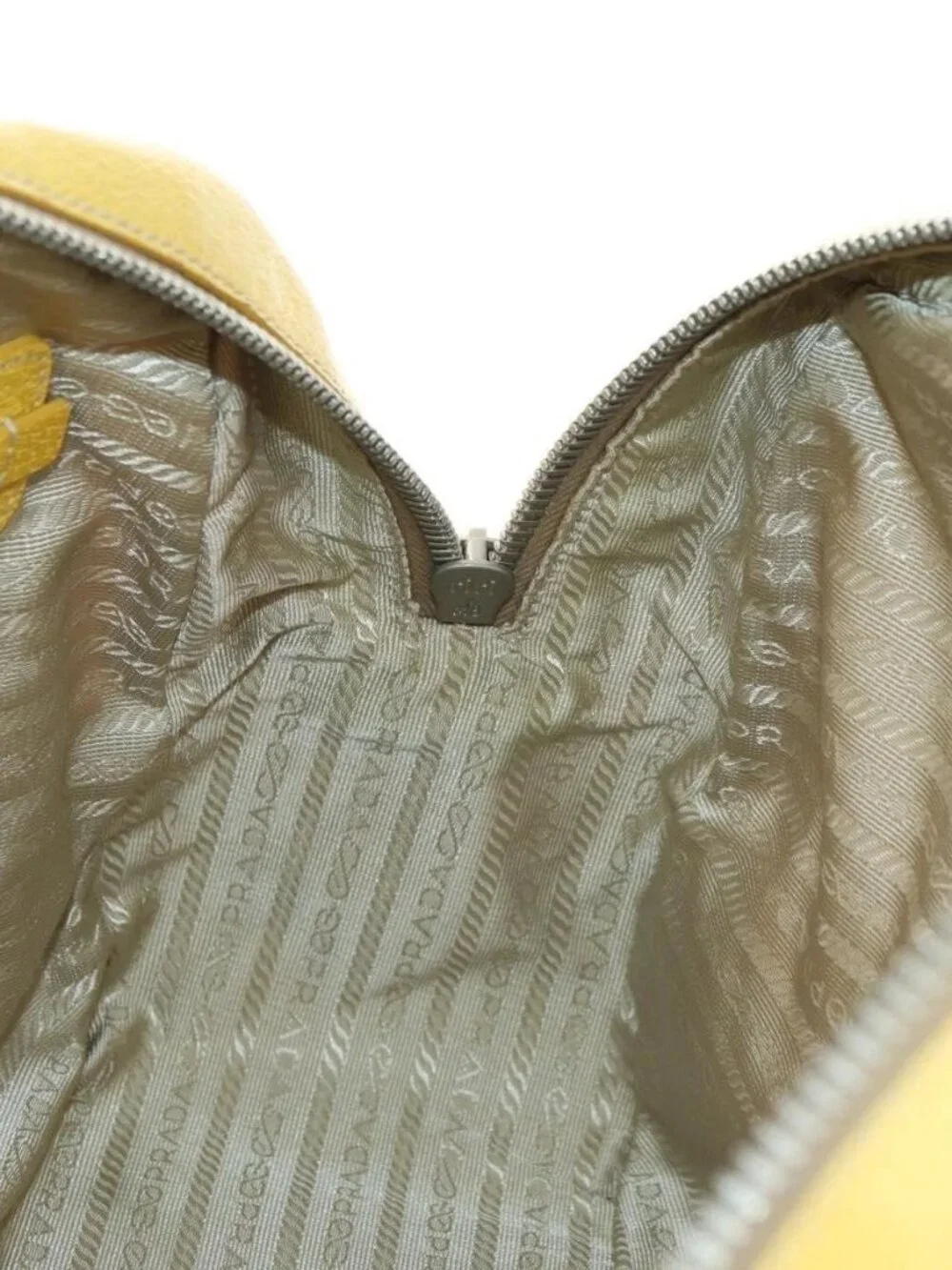 PRADA Hand Bag Canvas Leather Beige Yellow Silver Auth